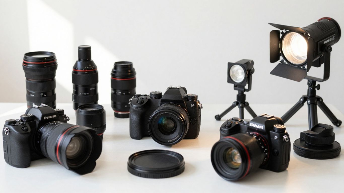 Collection of photography equipment for creative projects.