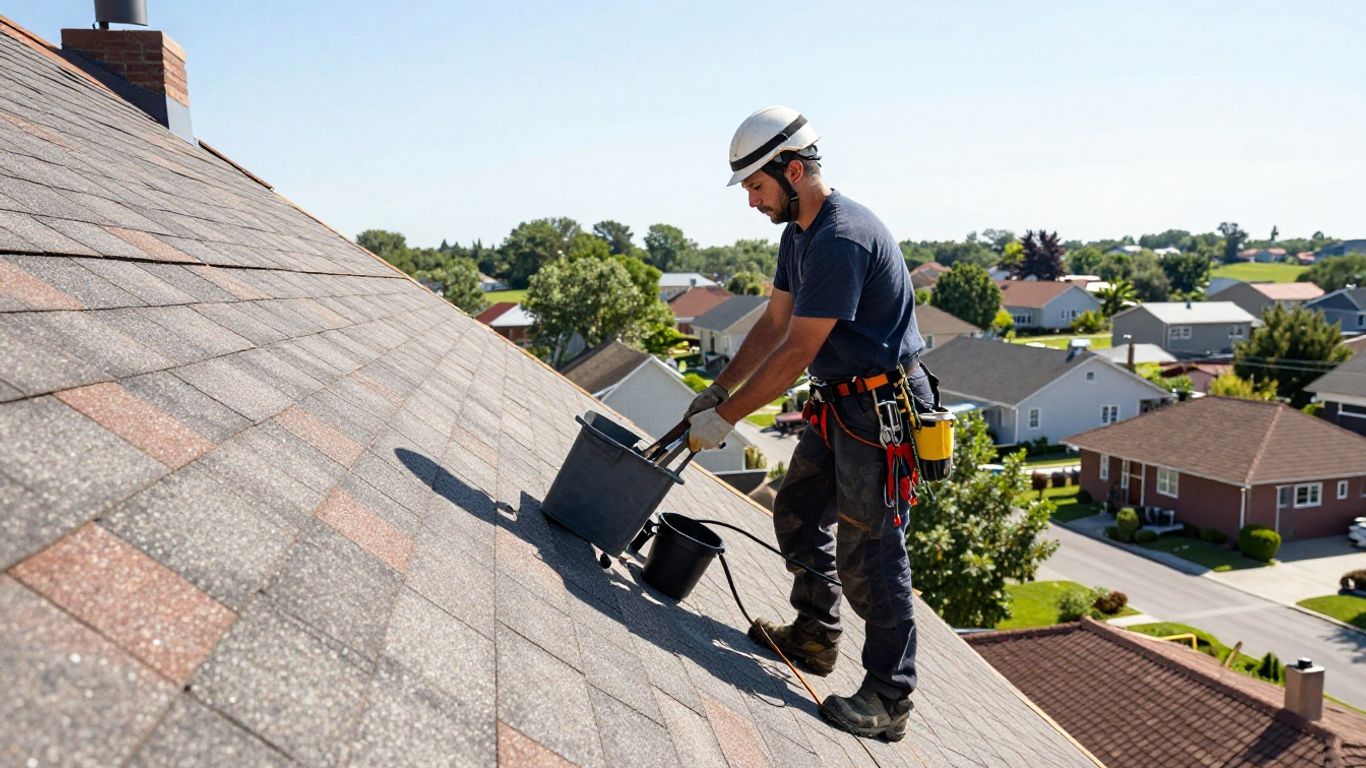 Roofer working on a house under construction.