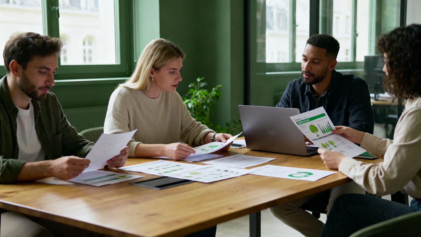 Équipe réunie autour de données de reporting environnemental