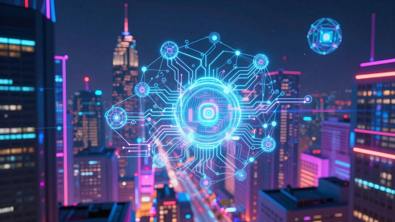 Cérebro digital com circuitos quânticos e luzes futuristas.