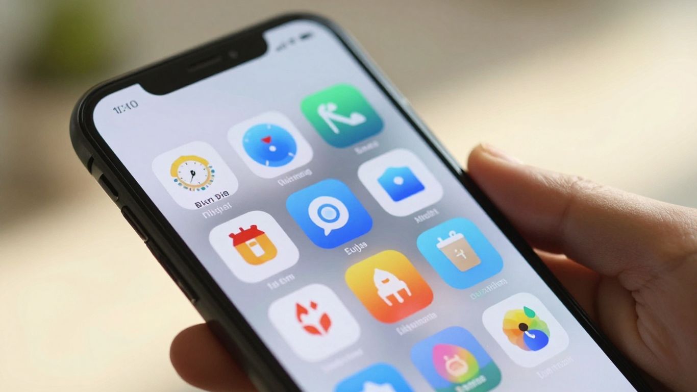 iPhone screen with various finance app icons.
