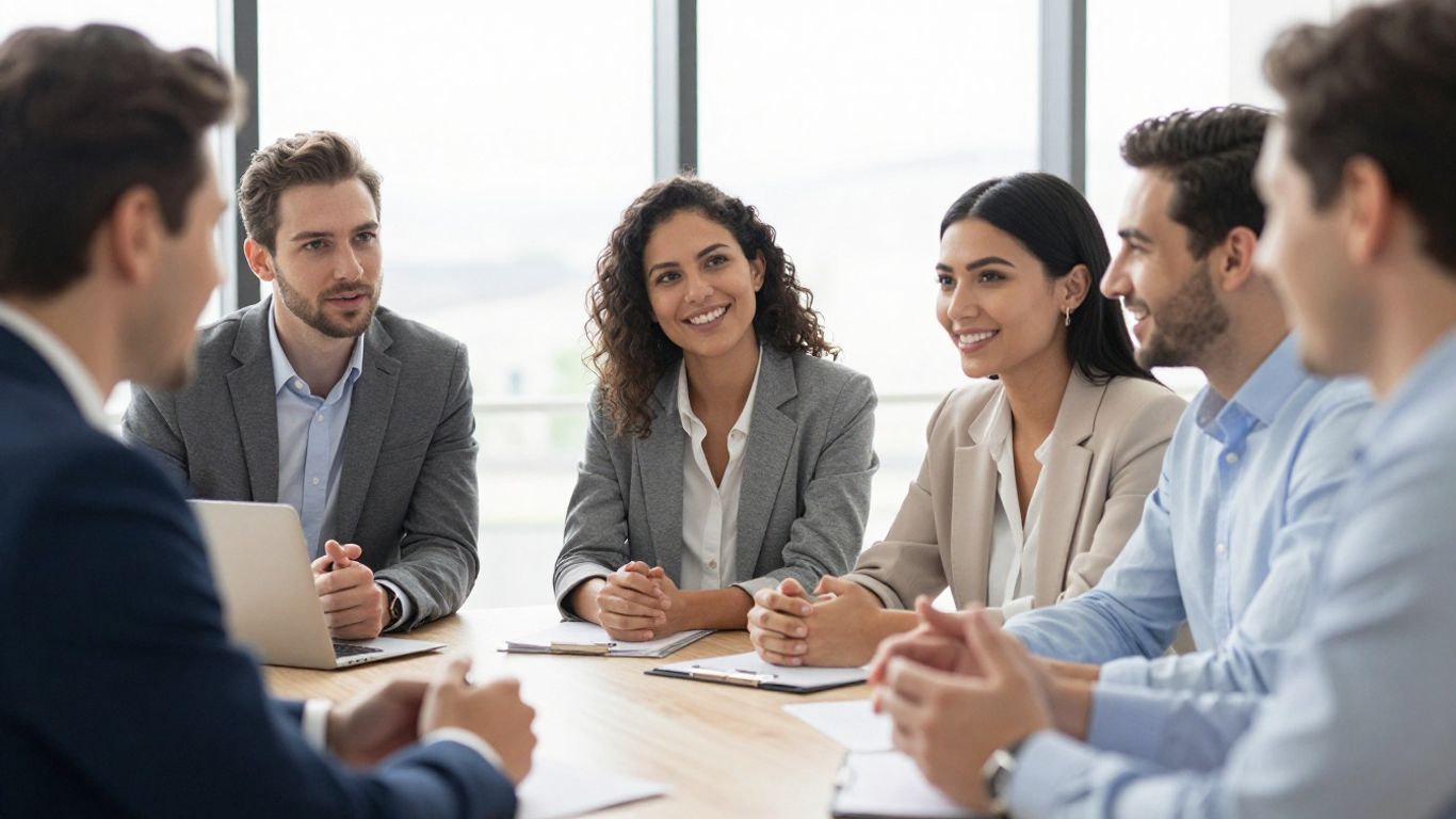 Customers happily interacting with a business professional.