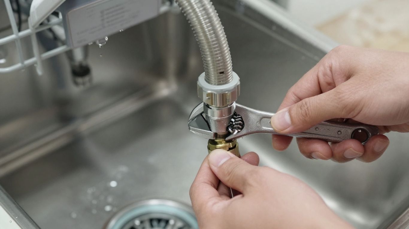 Hands fixing a leaky dishwasher hose with a wrench.