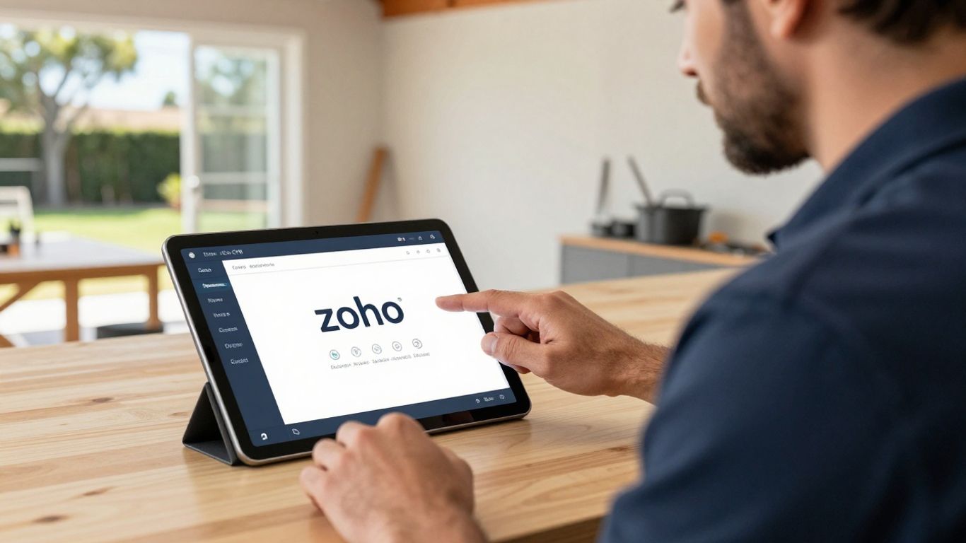 Tradie using Zoho CRM on a tablet in Australia.