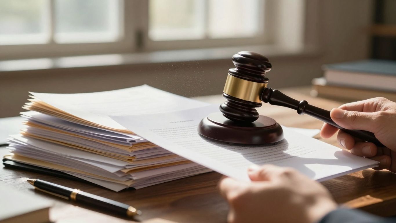 Gavel on legal documents with courthouse background.
