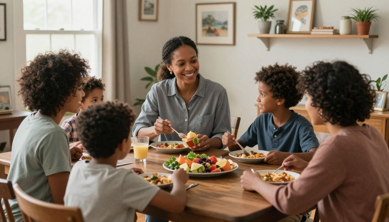 A diverse, multigenerational family sitting around a table at home with a home care aide, sharing a meal and smiling. The environment looks warm and lived-in, reflecting caring support in a North Carolina home.