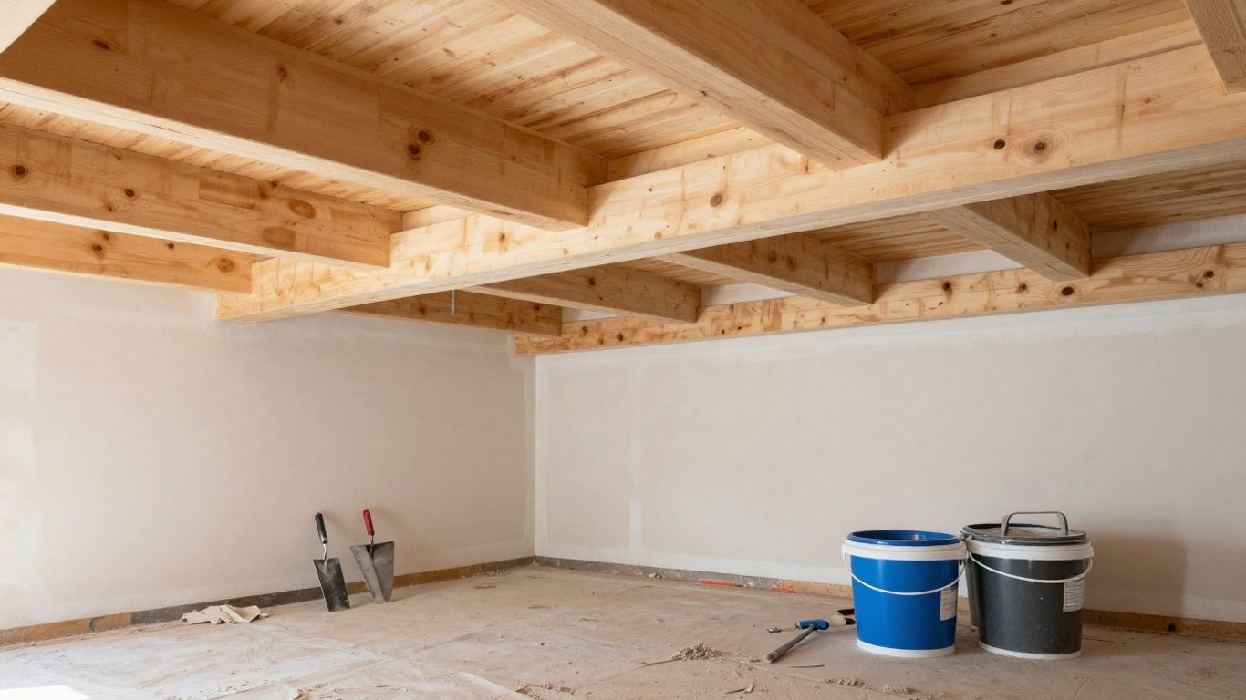 Wood beams, plastered walls, ceiling joists, and tools.
