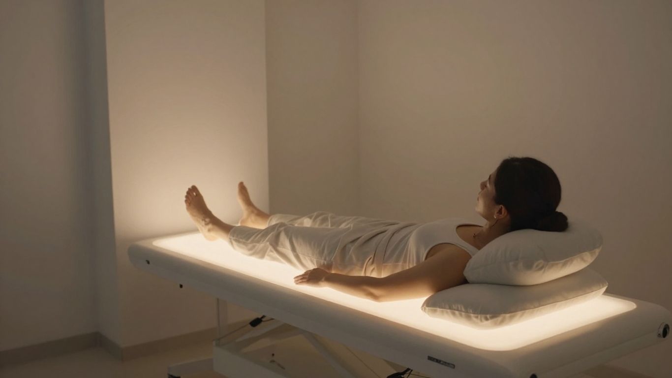 Person unter Lichttherapie-Lampe im Behandlungsraum