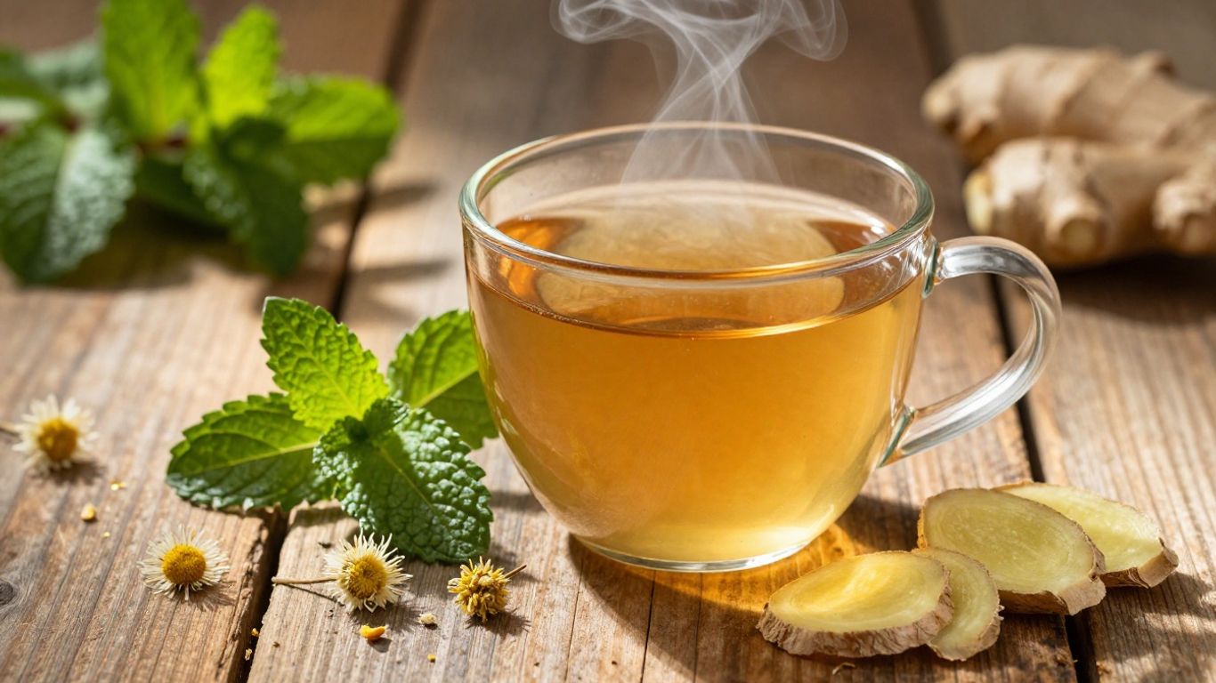 Herbal digestion tea with mint and ginger.