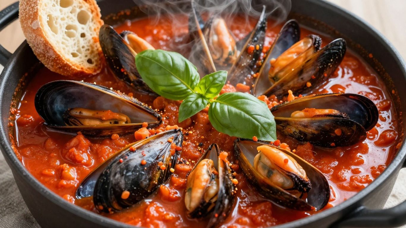 Mussels in marinara sauce with basil and bread.
