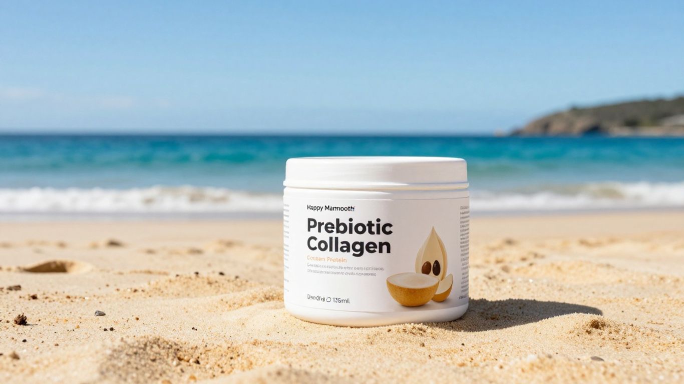 Happy Mammoth Prebiotic Collagen Protein on Australian beach