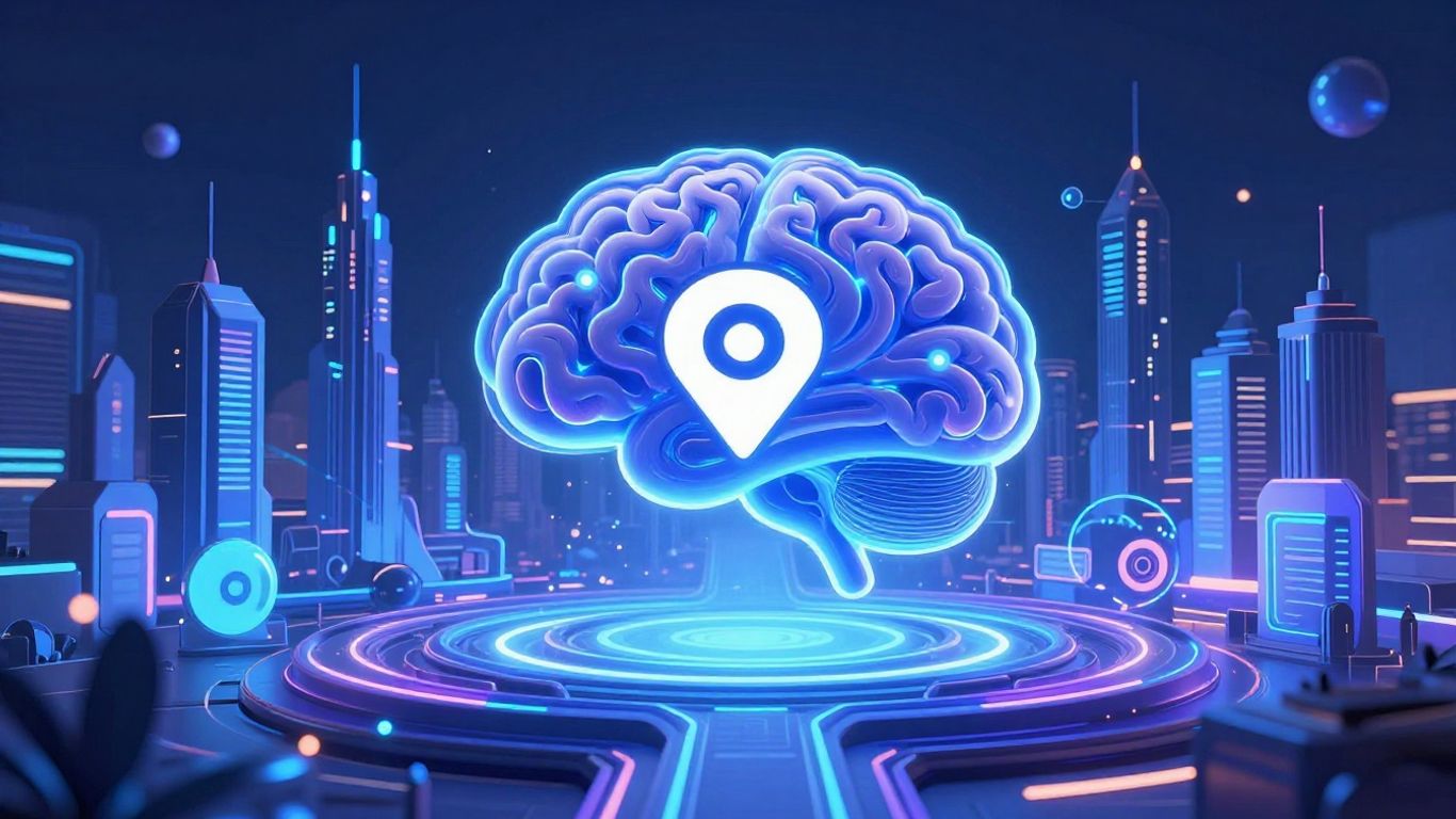 Futuristic cityscape with AI brain and search engine logos.