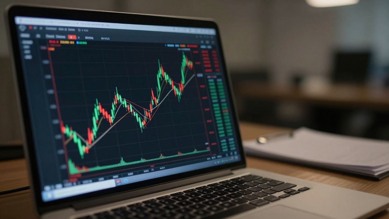 Trading desk with financial chart on screen.