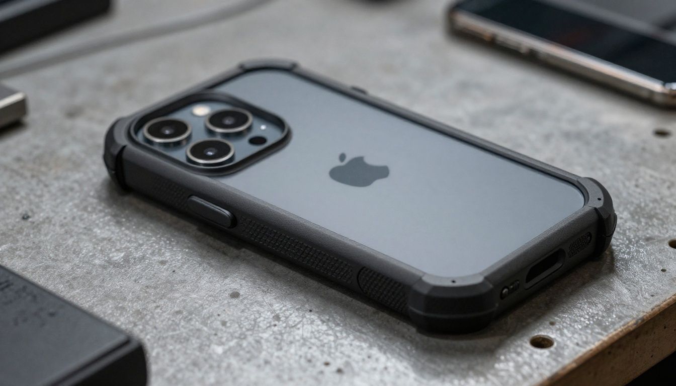 Close-up of an iPhone 16 Plus in a rugged case resting on a workbench in a garage, showing the reinforced corners and textured grip.