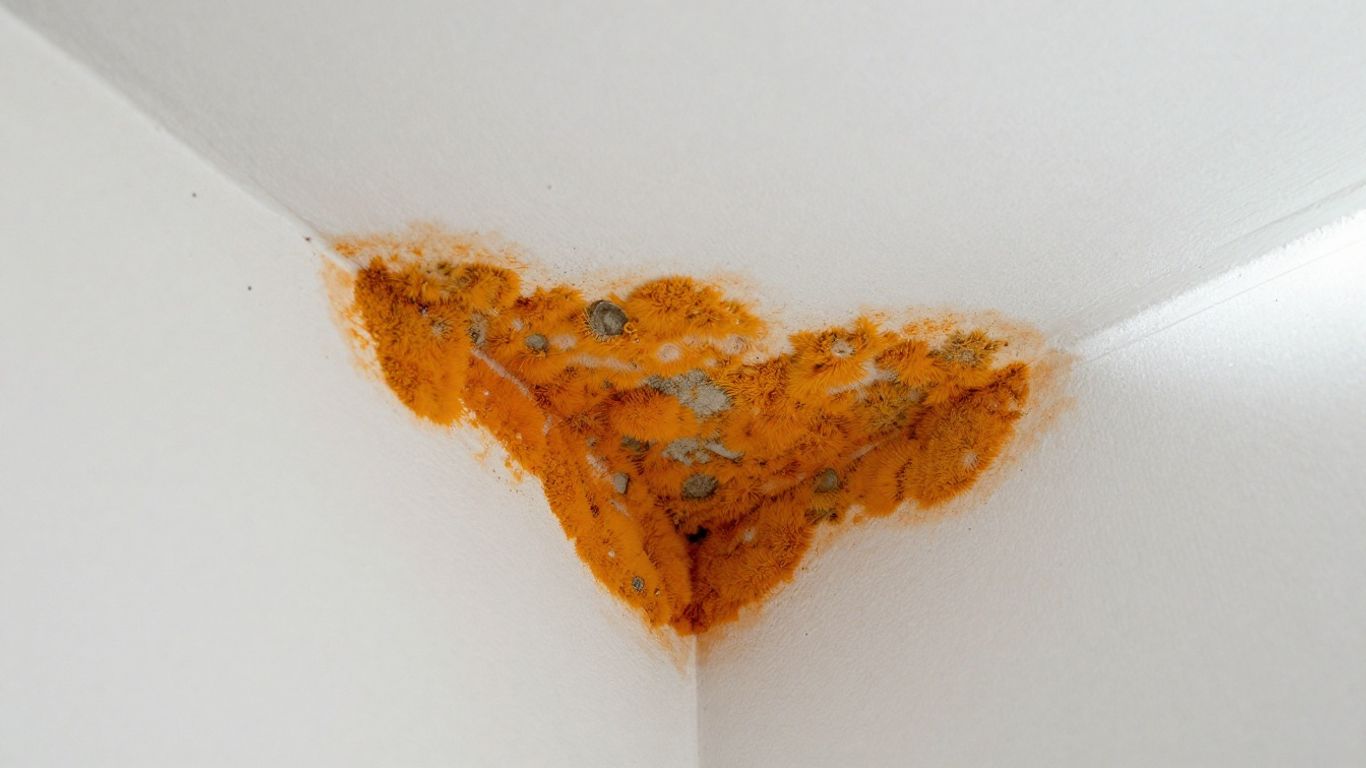 Orange mold growing on a white ceiling corner.