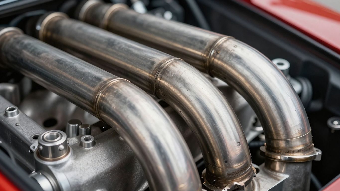 Polished performance engine headers with intricate pipework.