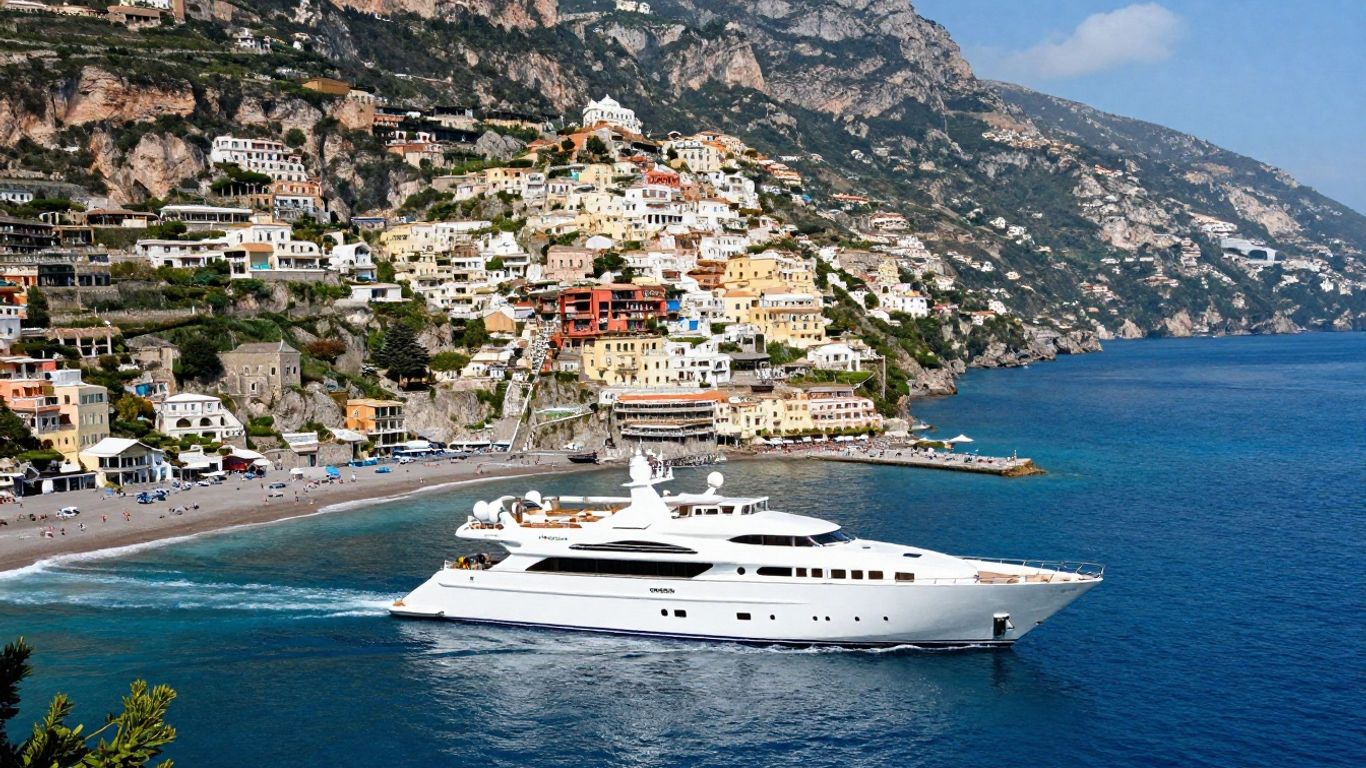 Luxury yacht sailing Amalfi Coast waters with scenic cliffs.