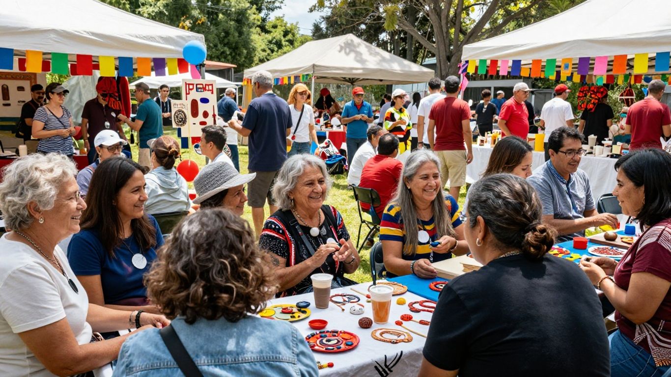 Oameni fericiți la un eveniment cultural comunitar.