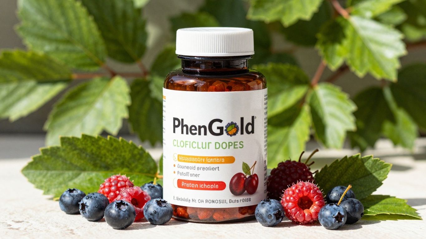 PhenGold supplement bottle with natural ingredients.