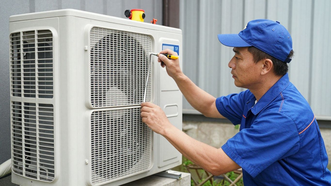 HVAC technician diagnosing an air conditioning unit.