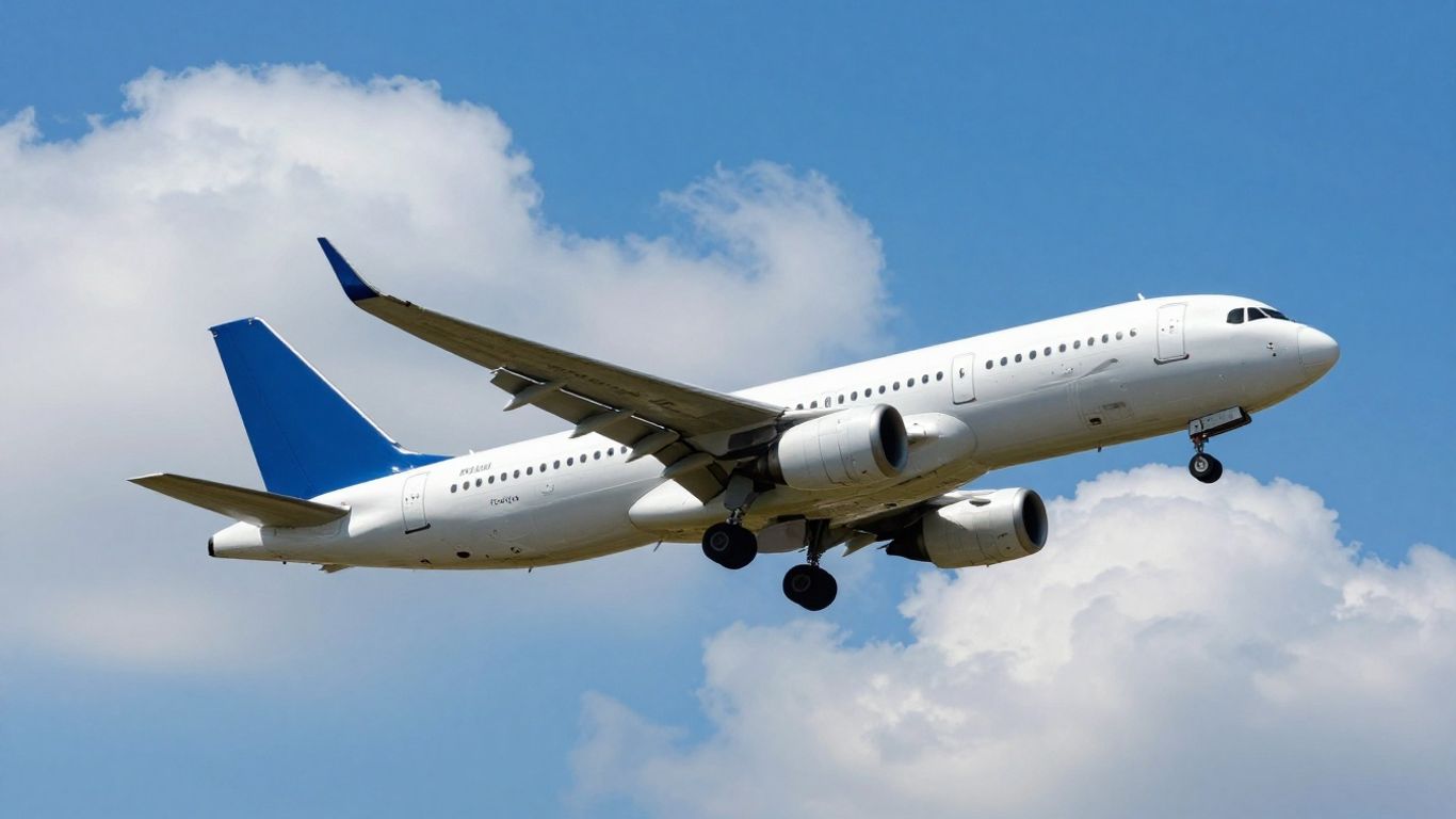 Airplane flying through clouds in a blue sky.