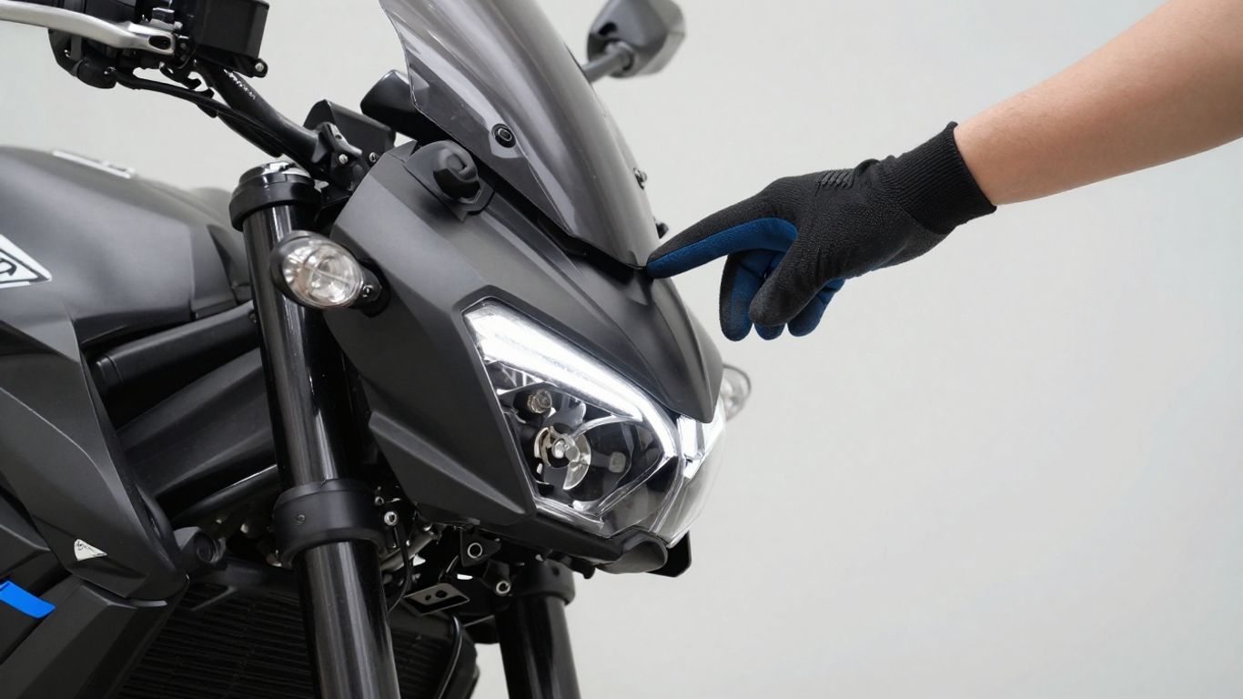 Motorrad-Begutachtung mit blauen Handschuh-Akzenten
