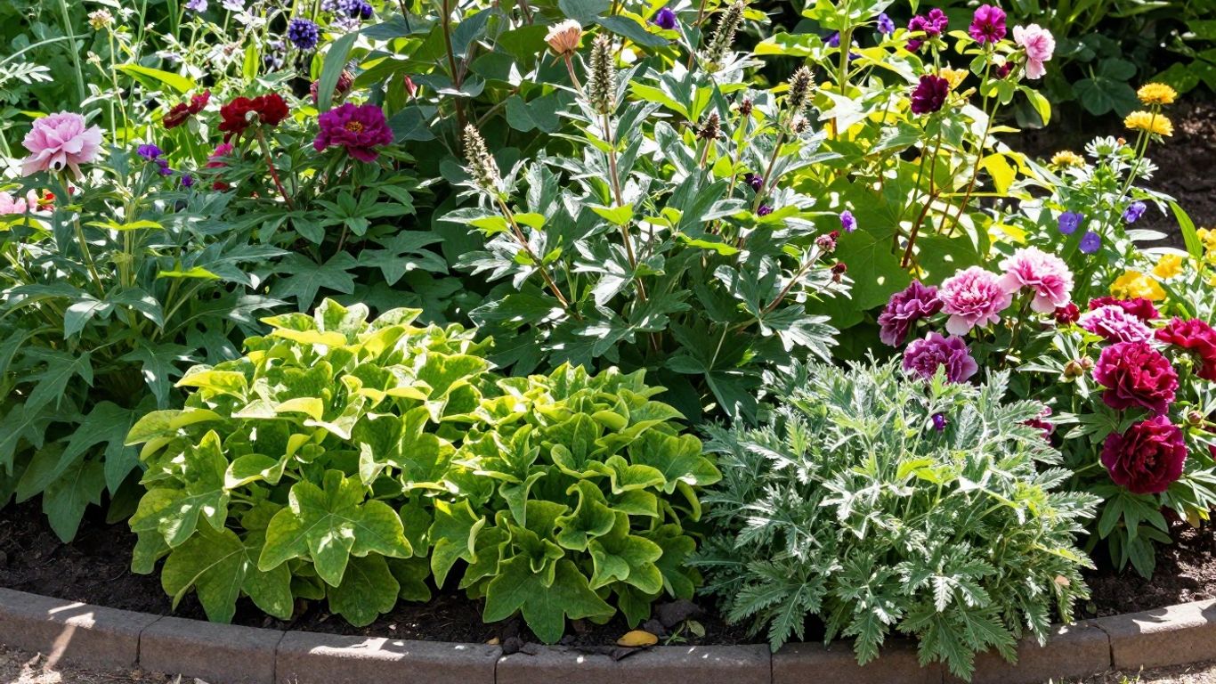 Pflegeleichtes Staudenbeet mit bunten Blumen und Grünpflanzen.
