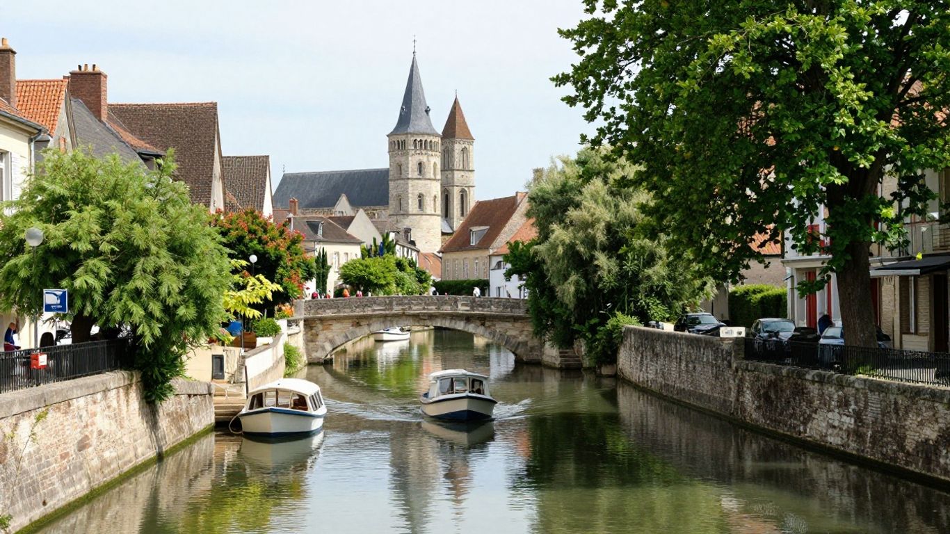 Montargis canals with historic buildings and boats