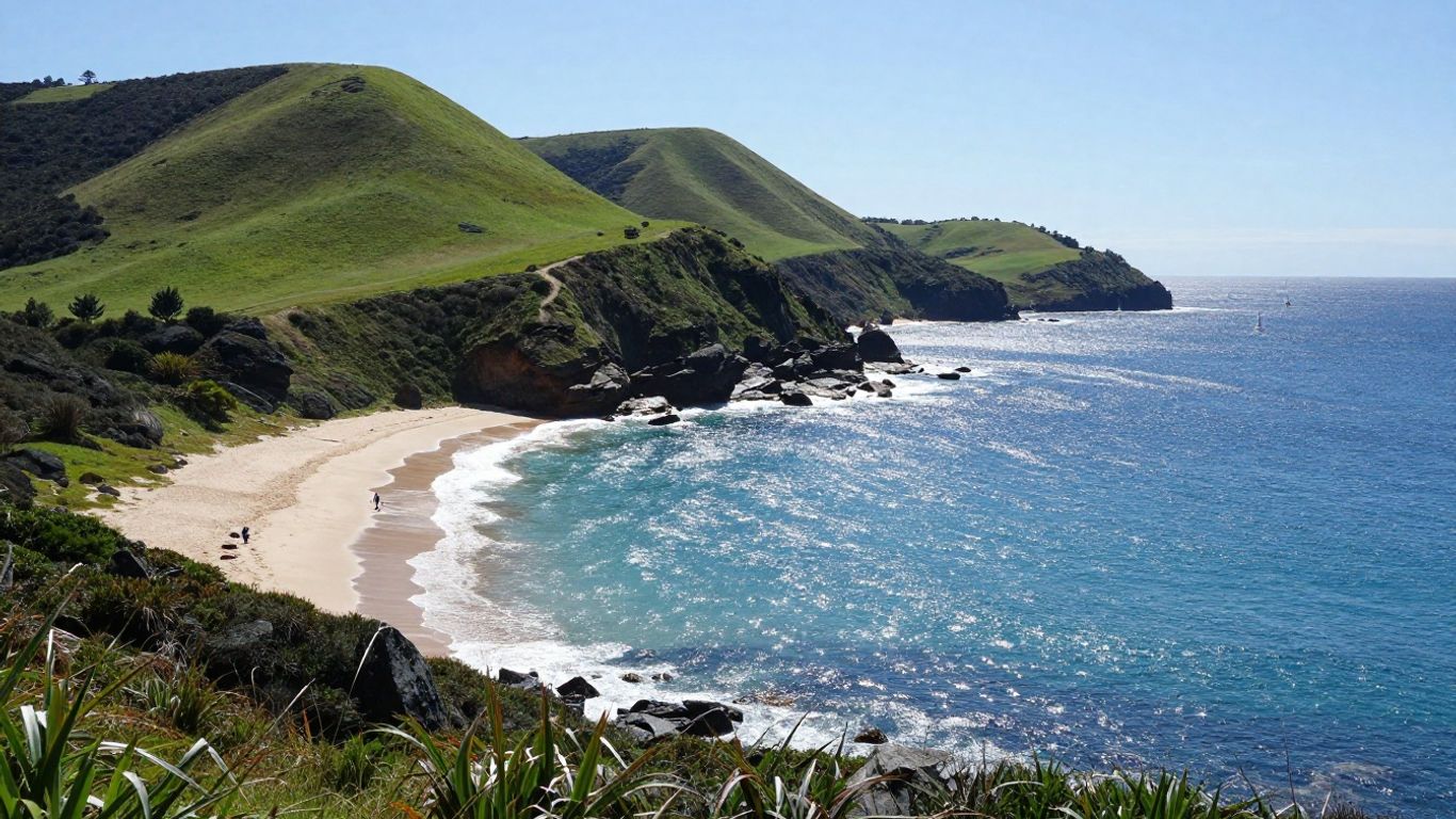 Scenic view of Port Stephens coastline with blue water and beaches.