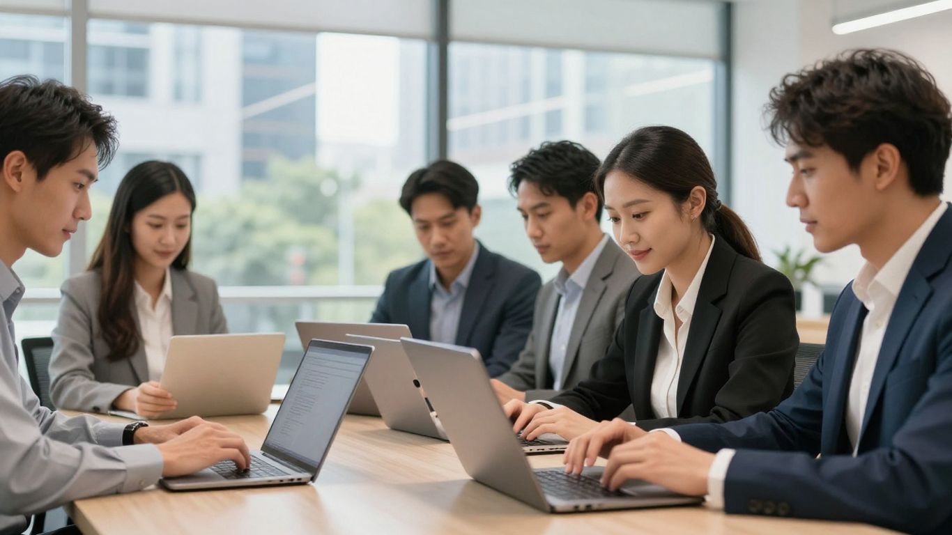 Personas trabajando con dispositivos digitales en oficina moderna