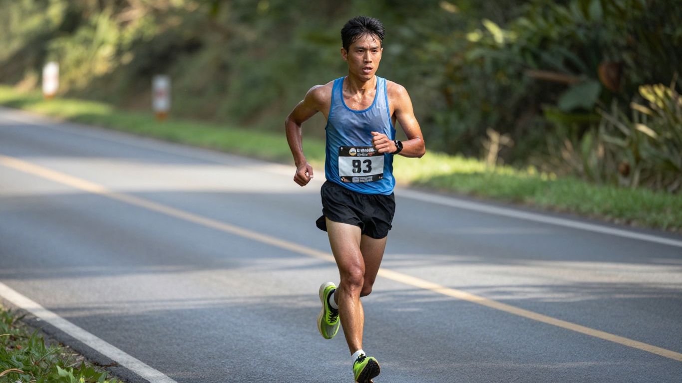 Marathon runner in stride, focused on the finish.