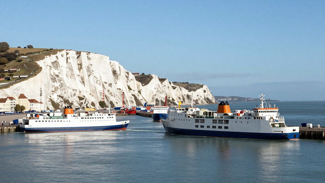View of Dover Docks with ferries and cliffs.
