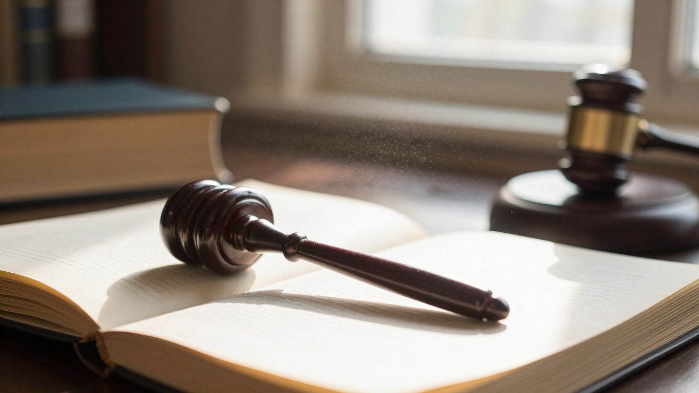 Gavel on legal books with courthouse background.