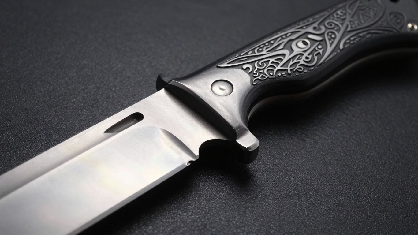 Close-up of a custom knife with a sharp blade and detailed handle.