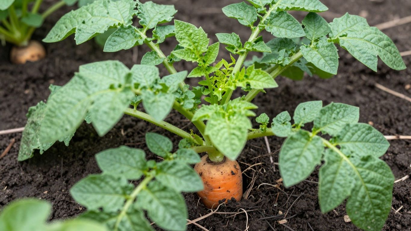 Biologische aardappel en wortel in de grond