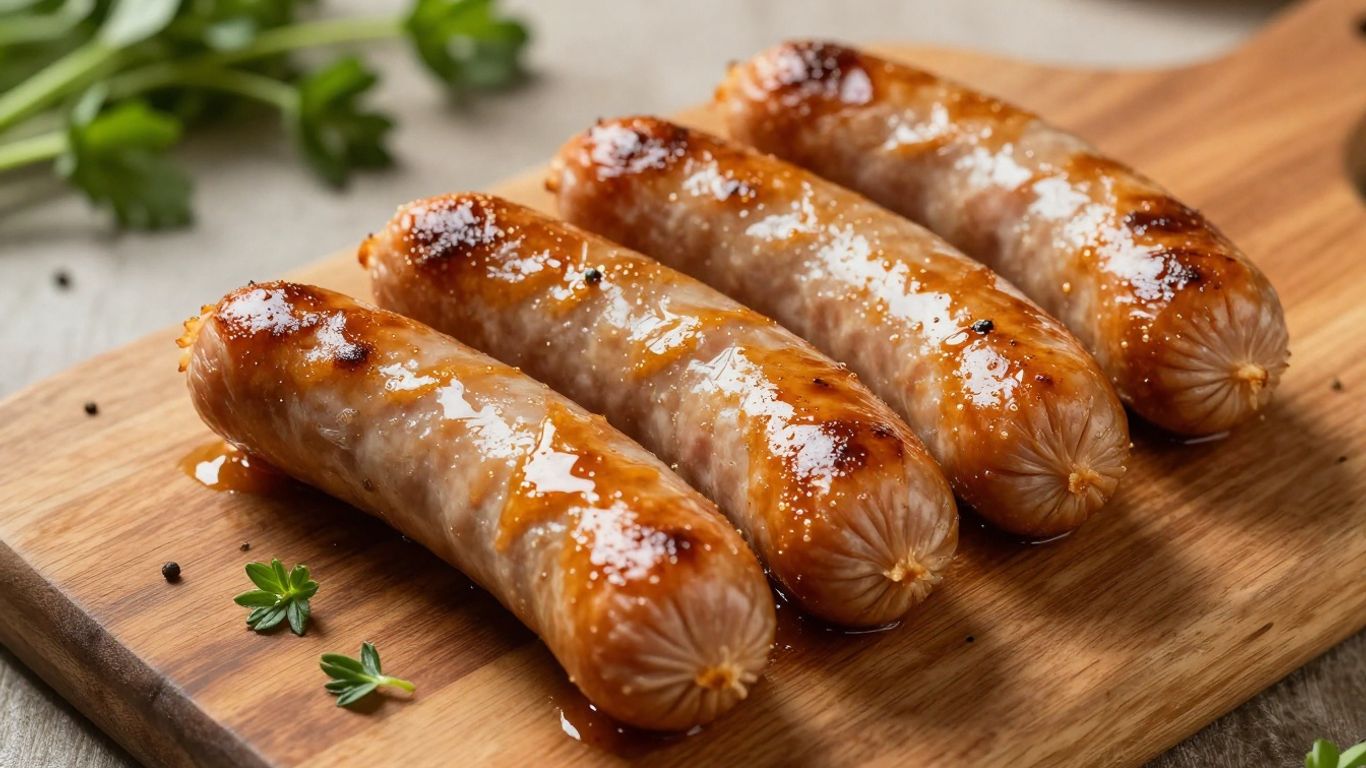 Golden brown Italian sausage links in an air fryer basket.