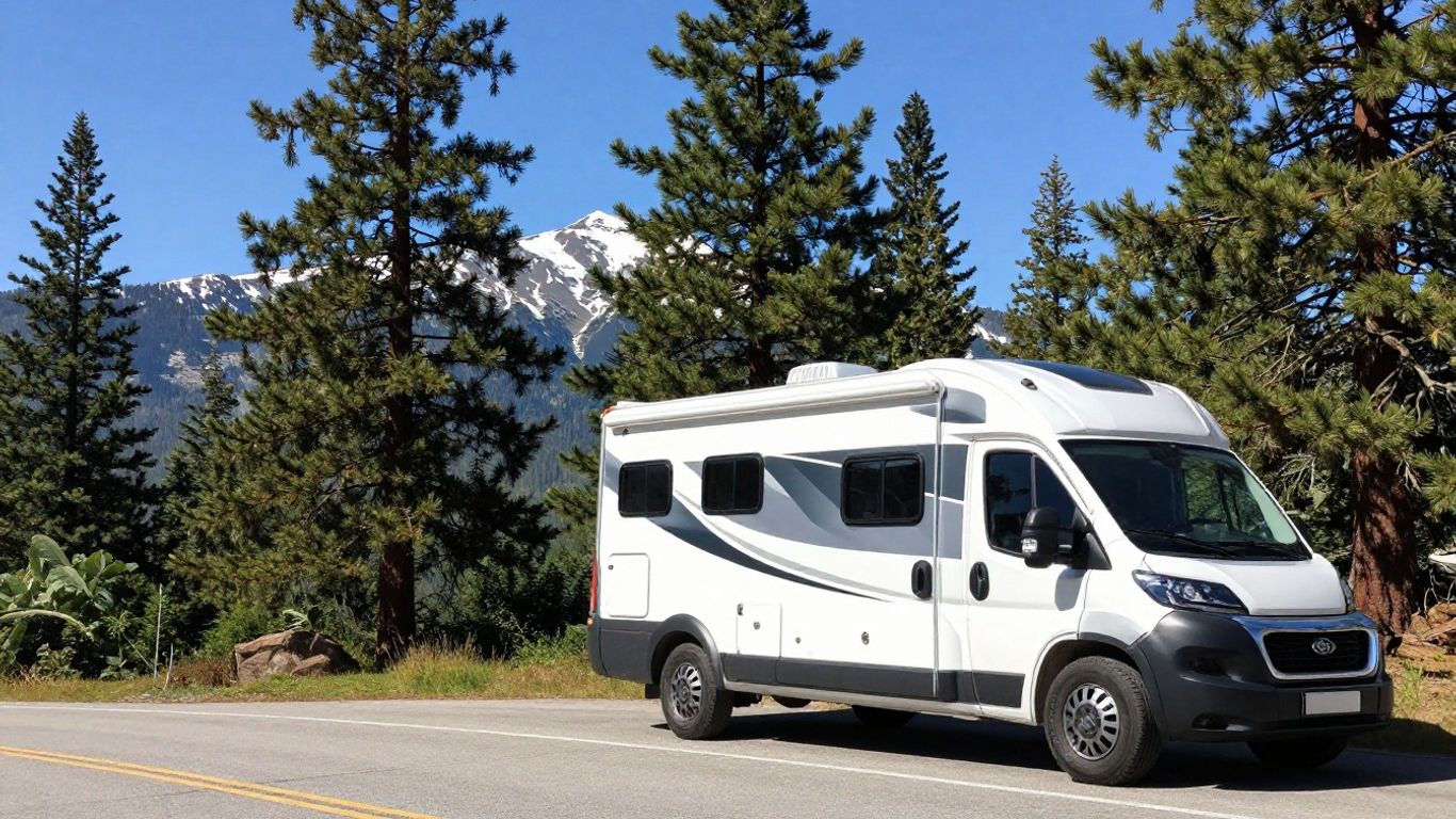 RV parked on a scenic road with mountains in the background.