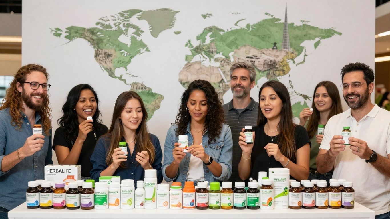 Herbalife products and diverse people worldwide.