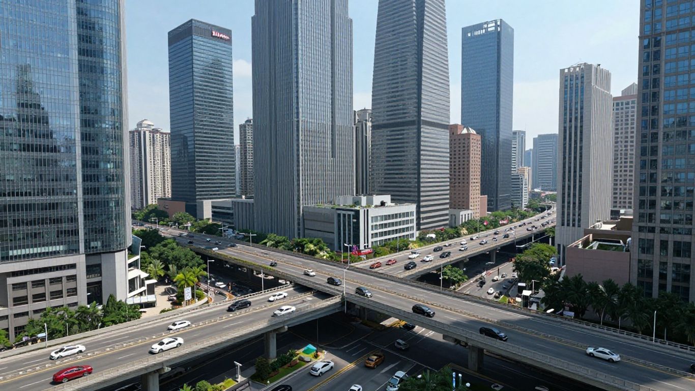 Oraș modern cu infrastructură dezvoltată și clădiri înalte.