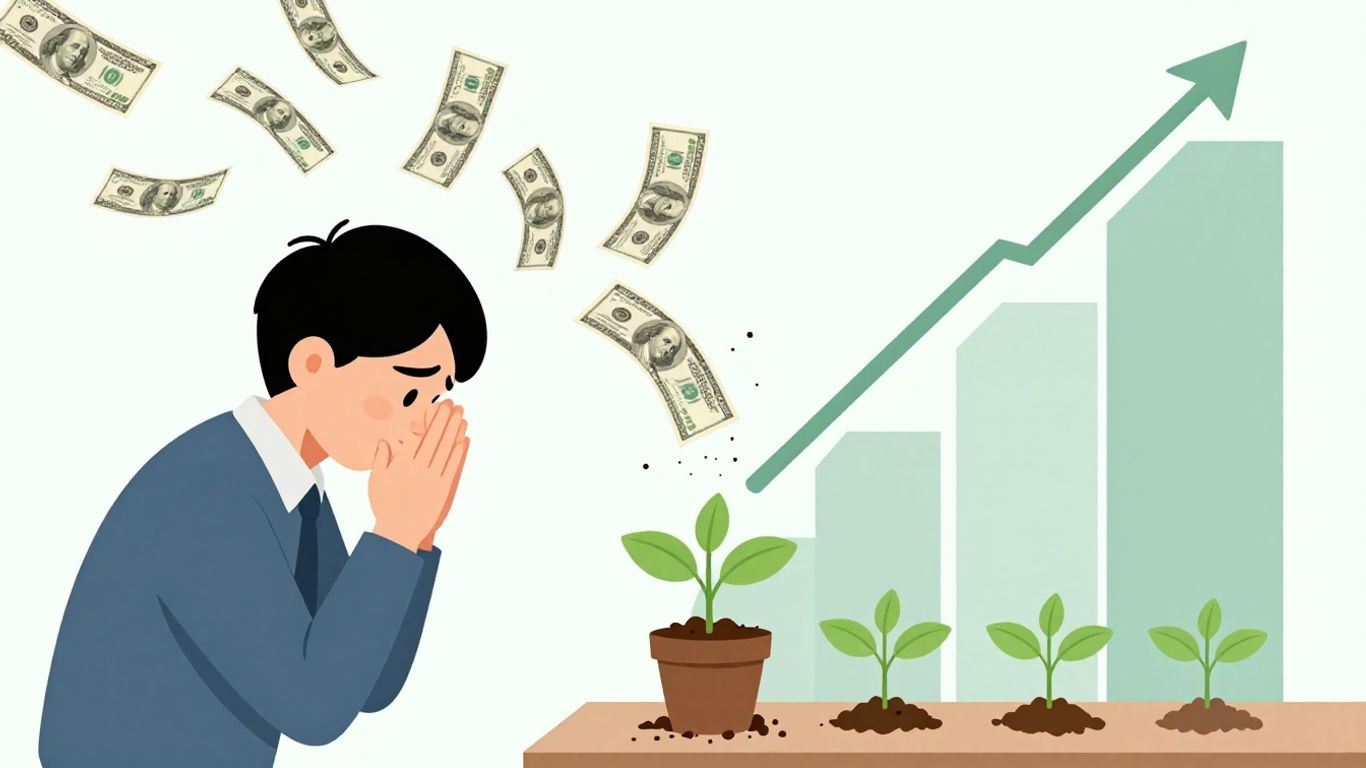 Persona estresada con dinero cayendo vs. persona tranquila con planta.