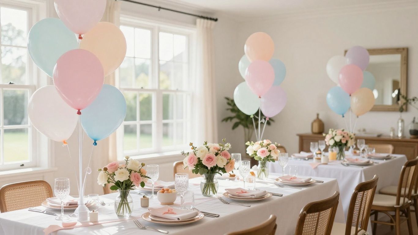 Elegant baby shower venue with balloons and floral decorations.