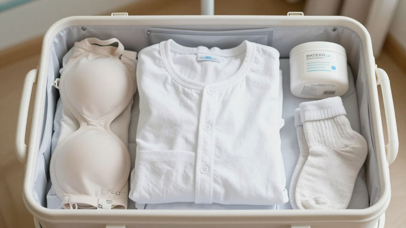 Hospital bag with maternity clothes and essentials.