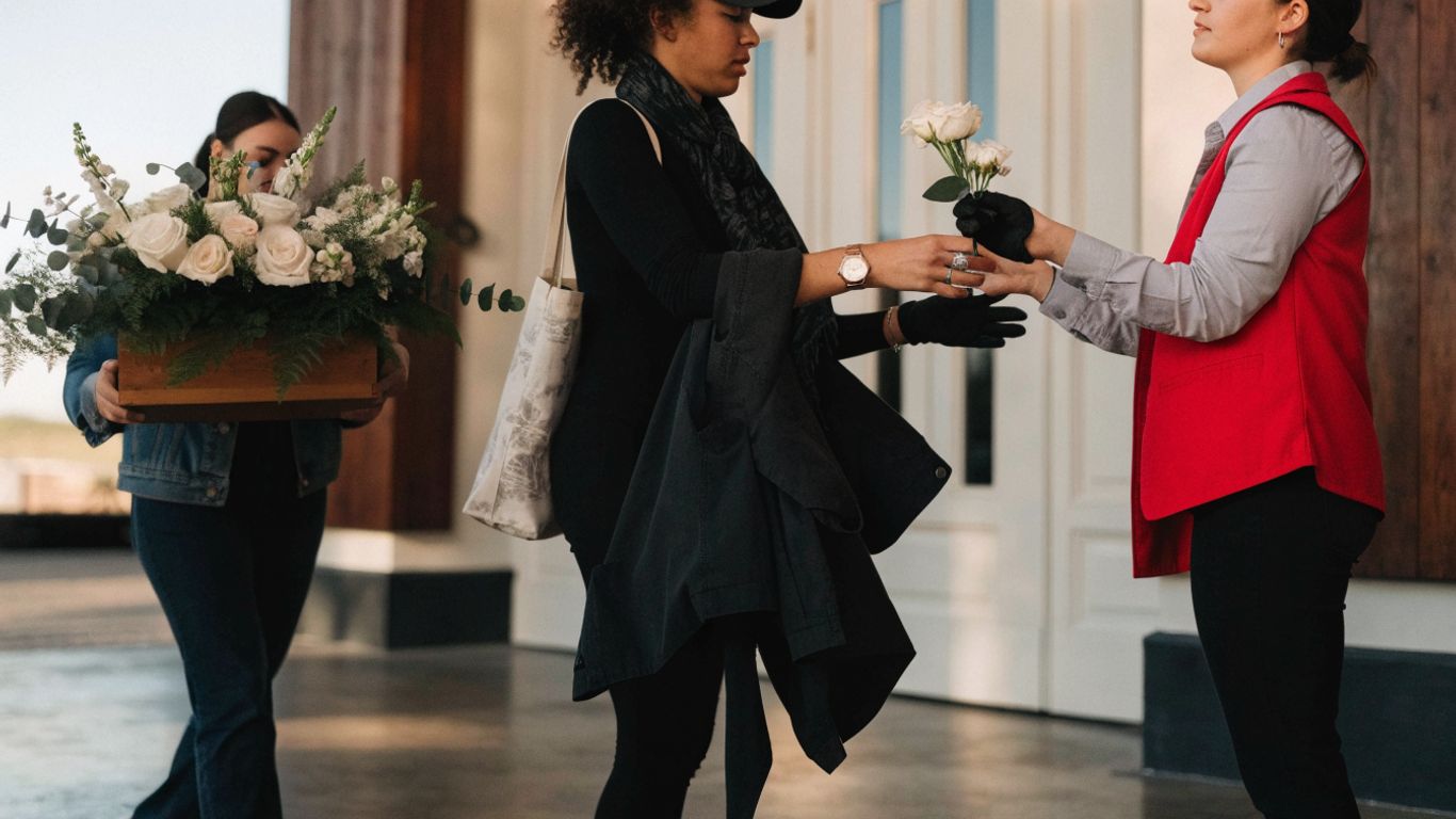 Florist preparing wedding flowers for a venue