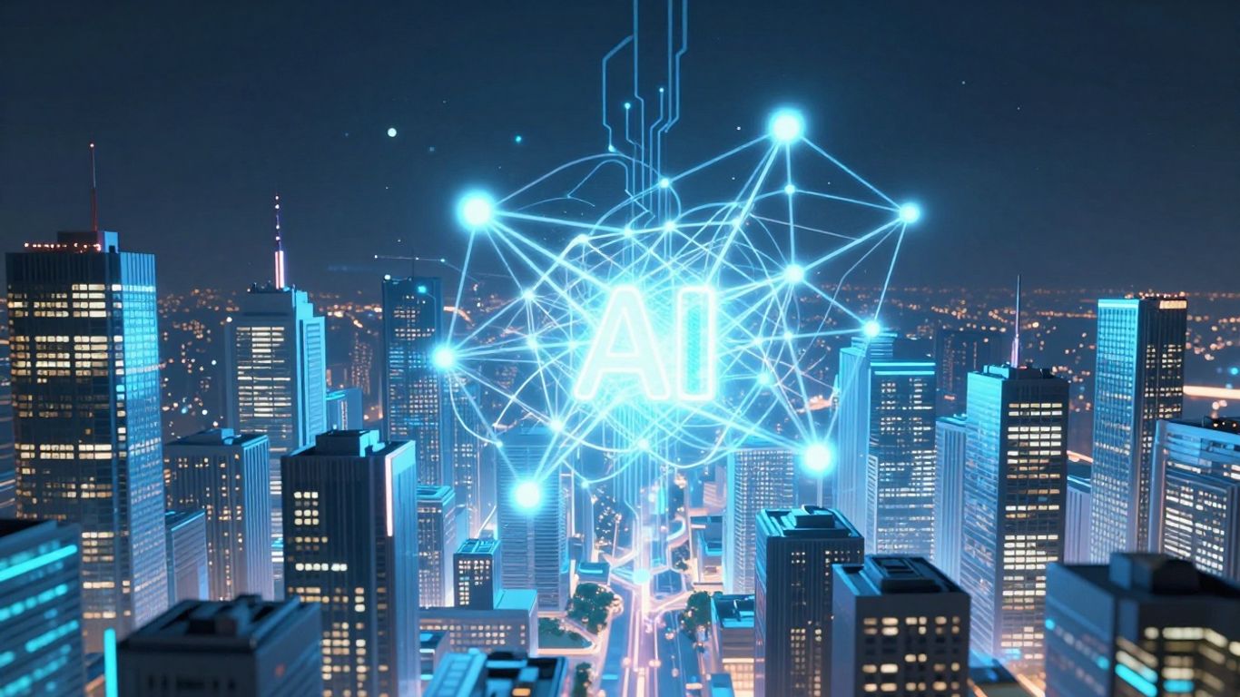 Futuristic city with AI neural network visualization.