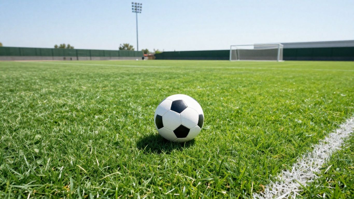Fußballfeld mit Ball im Mittelkreis