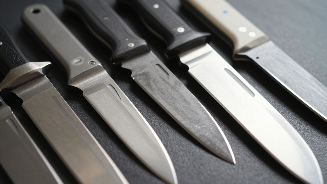 Various knife blades with different finishes and metallic sheens.