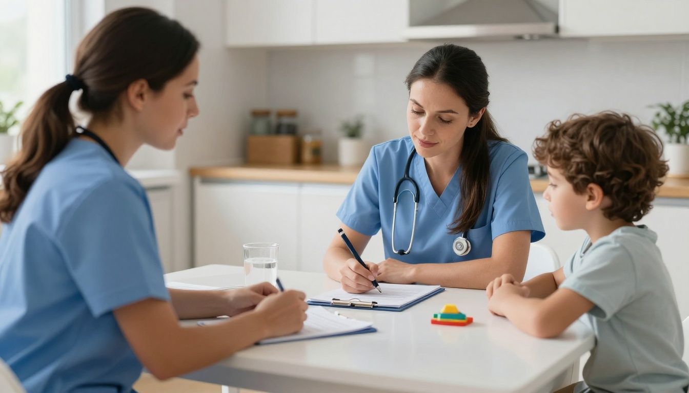 A compassionate nurse sits at a kitchen table with the mother of a medically complex child, calmly discussing a care plan while the child plays nearby.