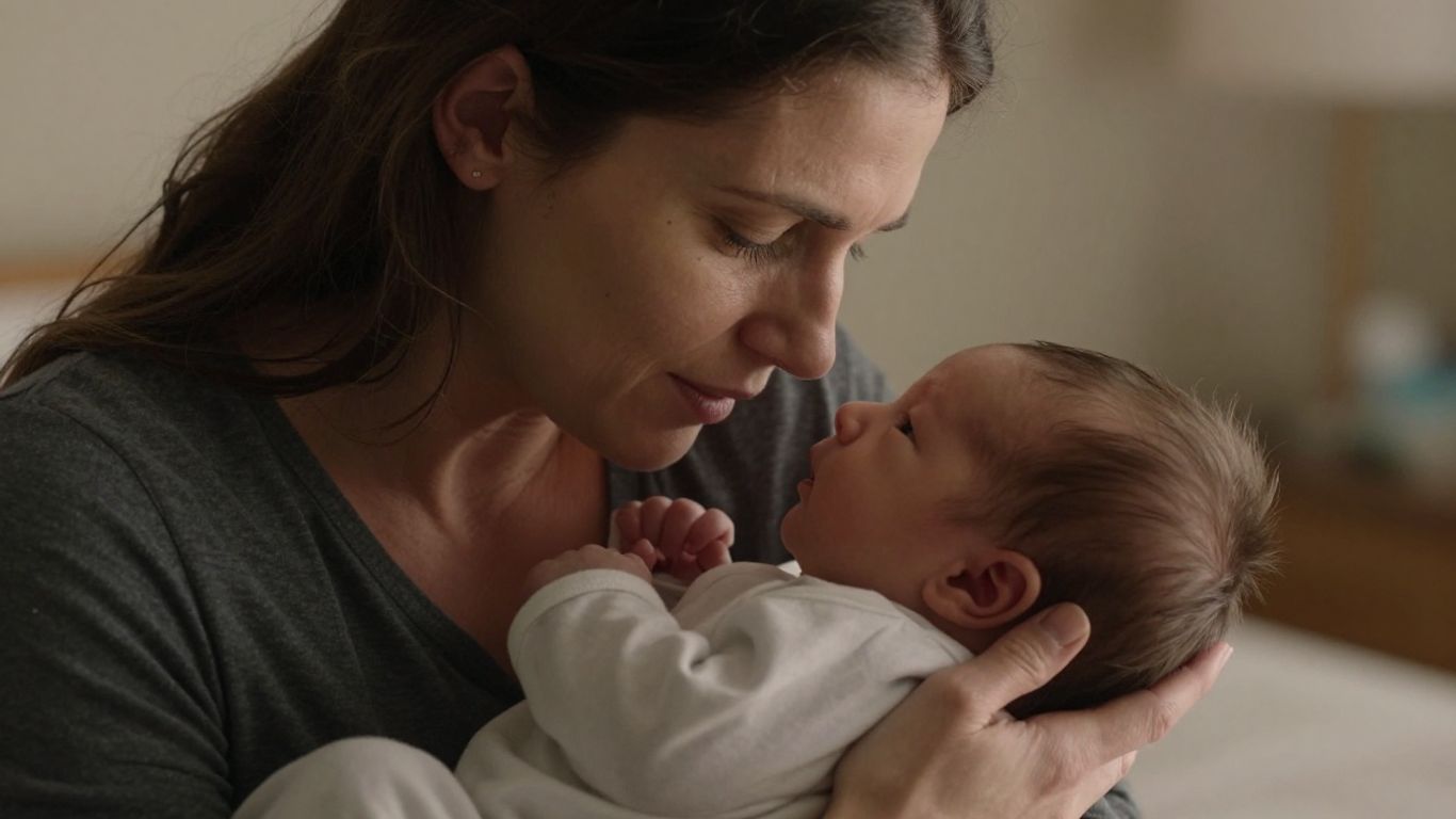 Mãe abraçando bebê com expressão de preocupação e carinho.