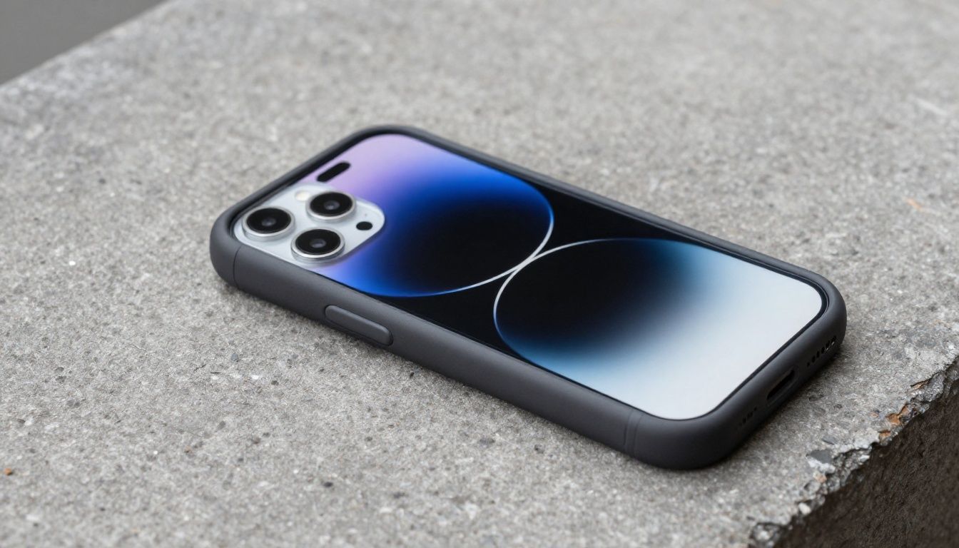 A person accidentally dropping their iPhone 15 onto a hard pavement, but the phone is protected by a sturdy, heavy-duty case