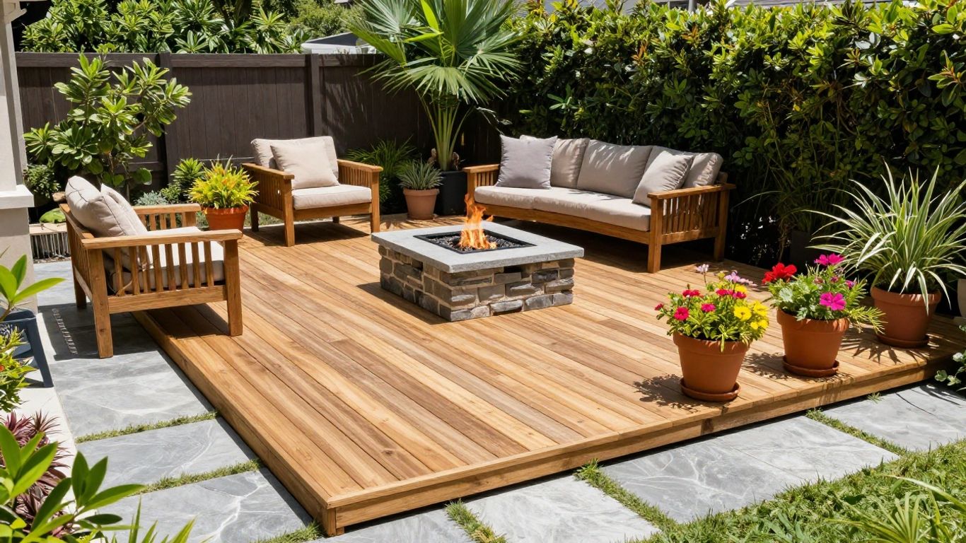 Backyard deck and patio with landscaping